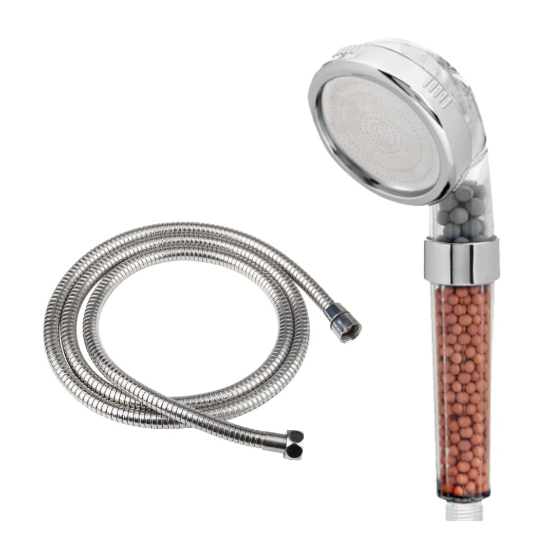 Kit Pentru Baie SUPER TRENDS®: Para de Dus, 3 Niveluri de Filtrare a Apei cu Granule Anti-Calcar, Creste Presiunea Apei + Furtun de Dus Premium, Inox, 1.75 metri