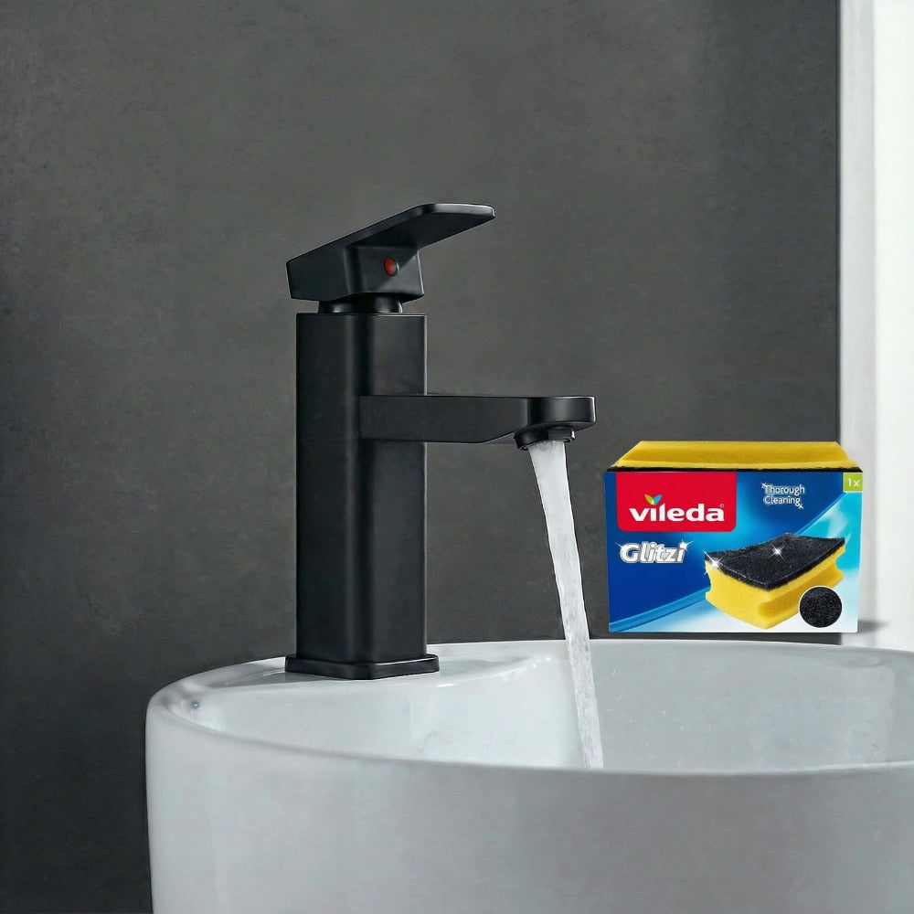 Baterie Chiuveta Baie Premium Class Din Otel Inoxidabil, Baterie Chiuveta Baie Cu Cartus Ceramic Si Finisaj Negru Mat, Racorduri Incluse, Design Monocomanda Pentru Lavoare Tip Bowl, Baterie Chiuveta B