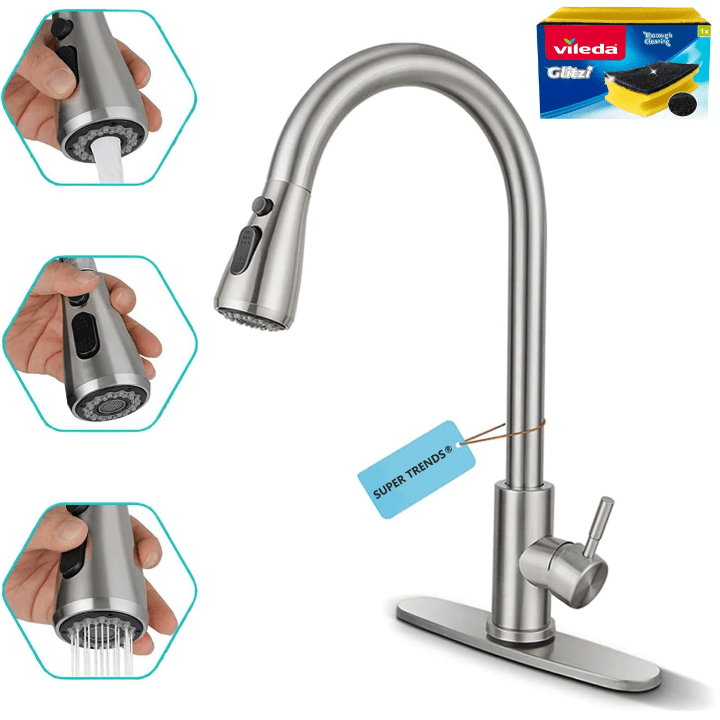 Baterie Premium pentru Chiuveta Bucatarie, SUPER TRENDS®, Duza Extractabila cu Furtun de 70 cm, Burete Vase Vileda Glitzi, Cartus Ceramic, Buton ON/OFF, 2 Tipuri Jet, Racorduri 60 cm Incluse, Pipa Ina - SPTR.RO