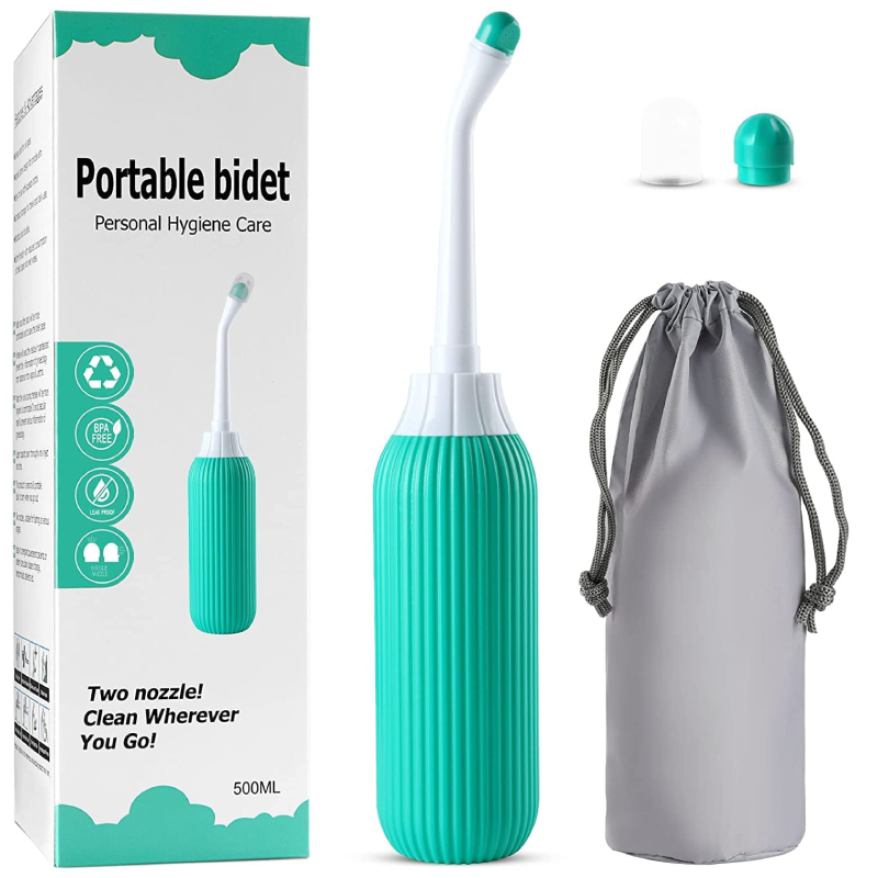 Bideu Portabil Pentru Calatorie Premium SUPER TRENDS®, 500 ml, 2 Duze, Verde-Alb, 22.5 x 4.5 x 4.5 cm