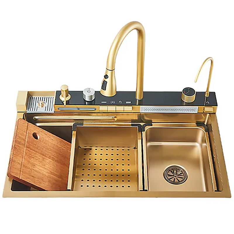 Chiuveta Multifunctionala SUPER TRENDS® Pentru Bucatarie cu 2 Cascade, Accesorii Incluse, Afisaj Digital Pentru Temperatura si Robinet Cascada, Culoare Gold, 750x460x220mm