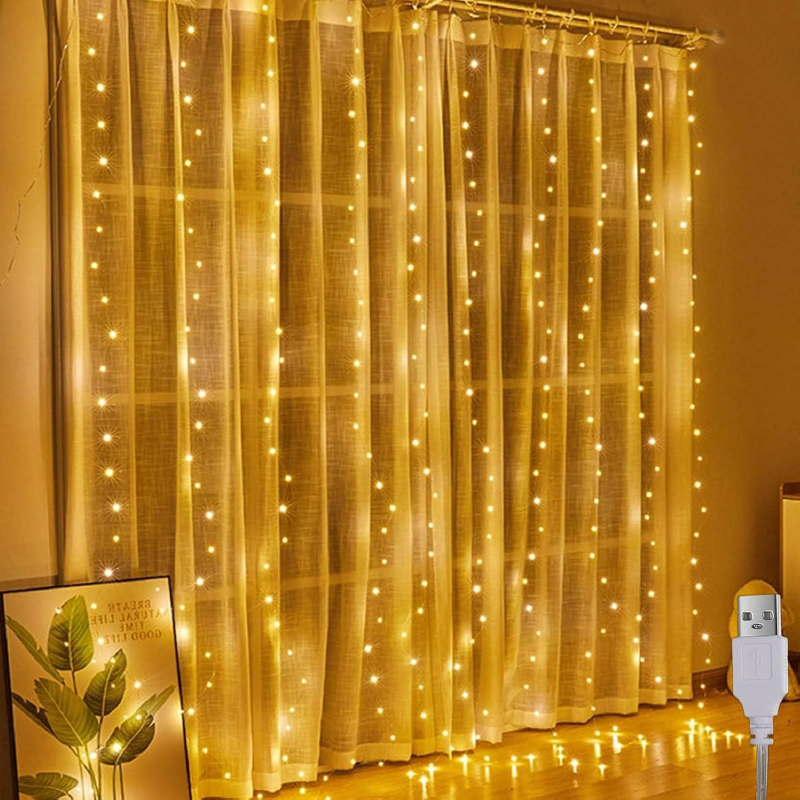Instalatie Tip Perdea Lumini LED 3x3 m SUPER TRENDS®, 300 LED-uri, Control USB si Telecomanda, 8 Moduri de Iluminare, Pentru Craciun, Decor si Petreceri, Alb Cald