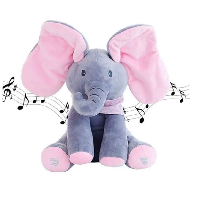 Jucarie Interactiva Muzicala Elefant de Plus pentru Copii 2+ SUPER TRENDS®, Canta Cucu-Bau, cu Urechi Miscatoare, Animal de Plus Moale, 30 cm