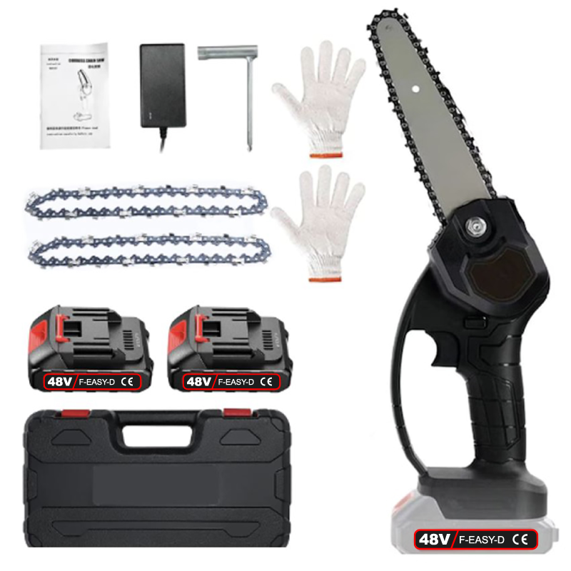 Mini Drujba Tip Fierastrau cu Lant Electric Portabil Profesional SUPER TRENDS®, 2 Lanturi 6 inch, 2 Acumulatori 48V, Autonomie 4 Ore, 2 Manusi, Negru
