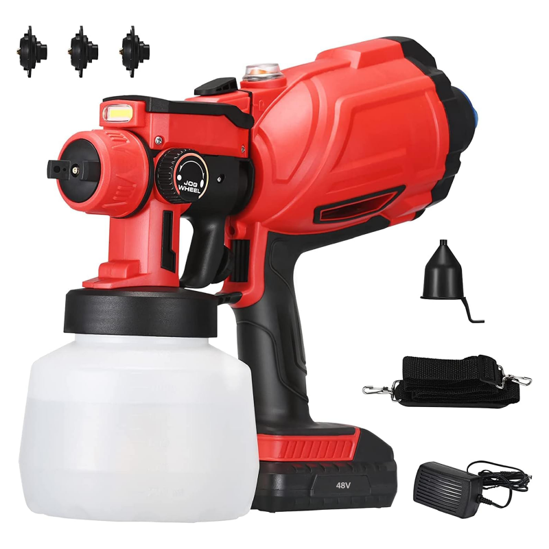 Pistol de Vopsit Electric cu 3 Moduri de Pulverizare SUPER TRENDS®, 800ml, 2 Acumulatori 48V, Rosu-Negru