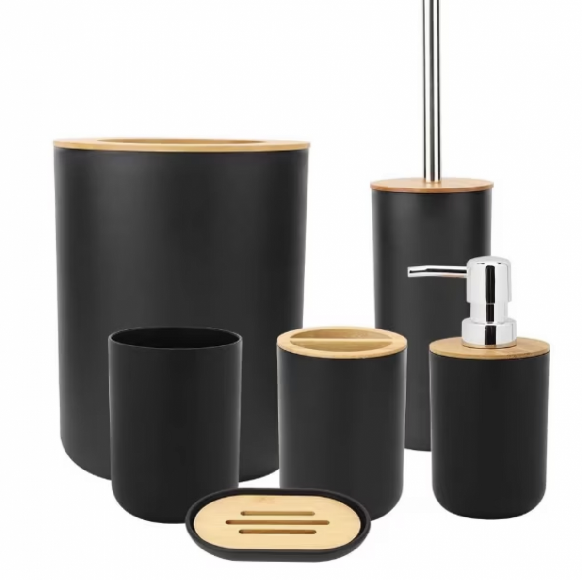 Set Accesorii Baie Premium SUPER TRENDS® 6 Piese, Plastic si Bambus, Negru - Mat, Durabil