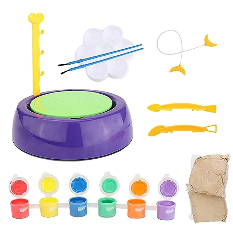 Set de Olarit si Pictat Pentru Copii SUPER TRENDS®, Roata de Olar cu Lut si Vopsele, Activitate Creativa pentru Copii +8 Ani, Mov, Verde