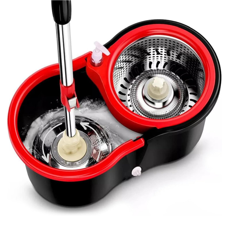 Set Mop Rotativ si Galeata cu Sistem de Stoarcere SUPER TRENDS®, Sistem de Curatare cu Galeata Rotativa 360°, Pentru Curatarea Pardoselilor , Maner Reglabil din Otel Inoxidabil de 155 cm, 8 L, Rosu, N