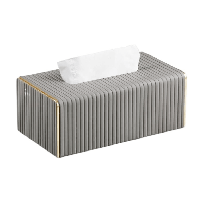 Suport Cutie Servetele SUPER TRENDS®, din Piele Ecologica, Margini aurii, Pentru Living, Baie, Casa, Hotel, 25 x 14 x 10cm, Gri - SPTR.RO