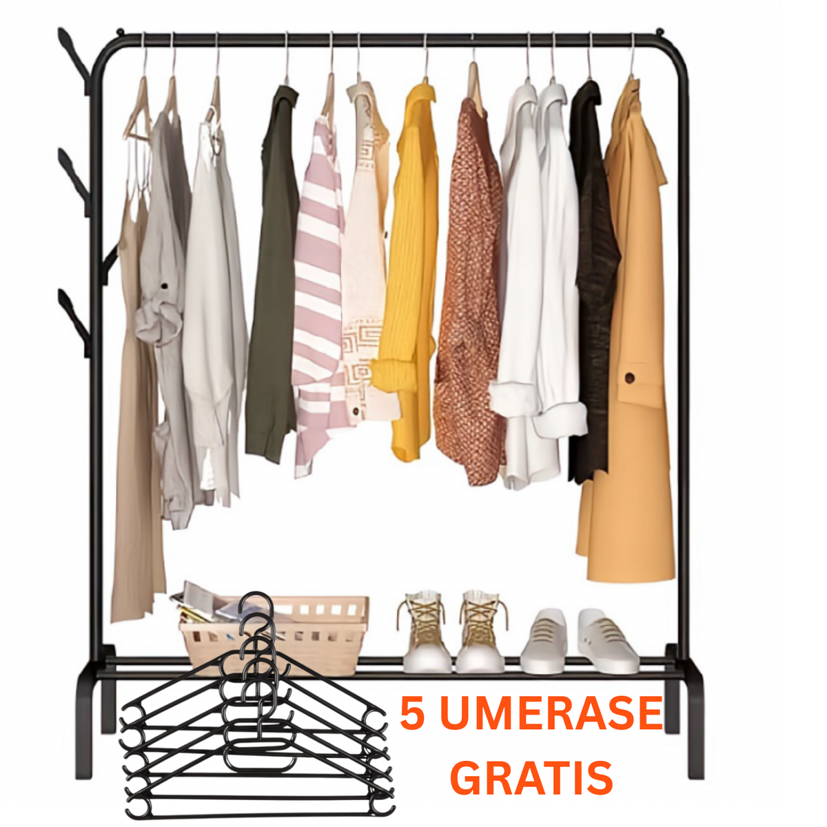 Suport de Umerase Premium SUPER TRENDS®, Organizator Pentru Haine, de Sine Statator, din Metal, Negru, 150 x 110 x 40 cm + 5 UMERASE CADOU