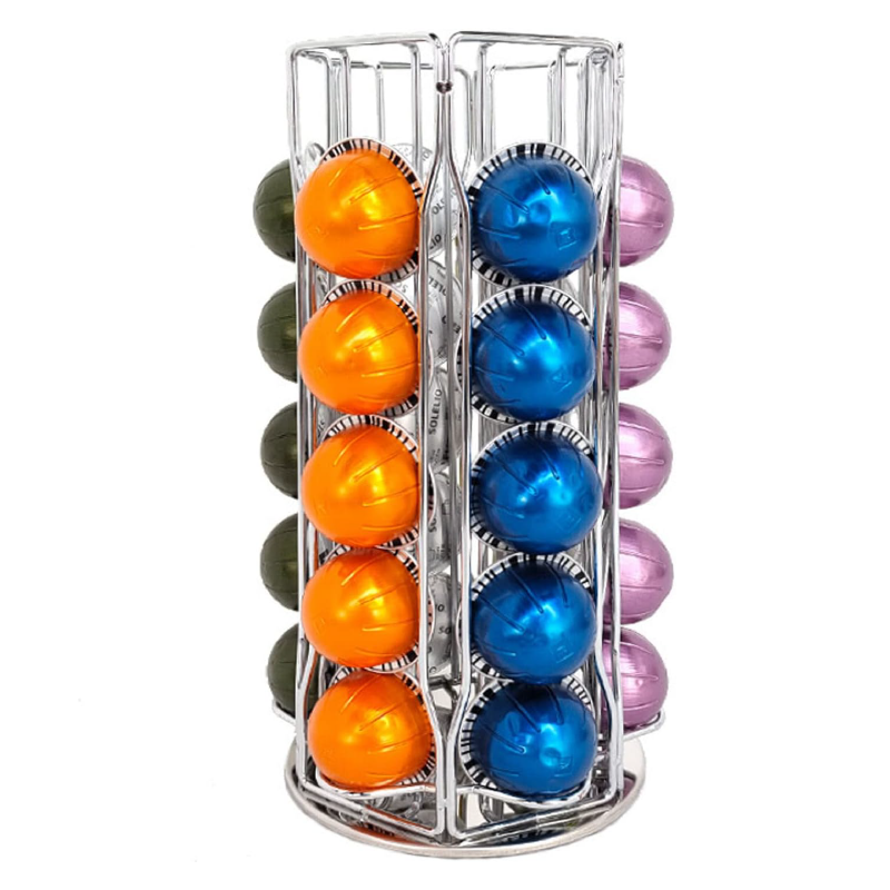 Suport Rotativ Pentru Capsule de Cafea Tip Nespresso, SUPER TRENDS®, Rotativ 360°, Capacitate 30 de Capsule, Argintiu