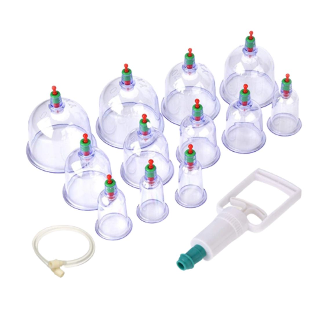 Set 12 Ventuze Profesionale pentru Masaj cu Pompa Vacuum SUPER TRENDS®, Anticelulita, Relaxare, Alb