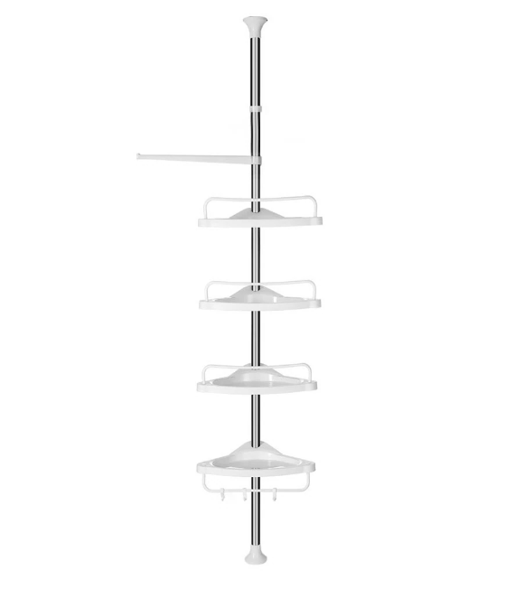 Etajera Colt Pentru Baie/Dus SUPER TRENDS®, 4 Rafturi, Suport Prosop, Carlige, Inaltime Reglabila Max. 3.2 Metri, Alb