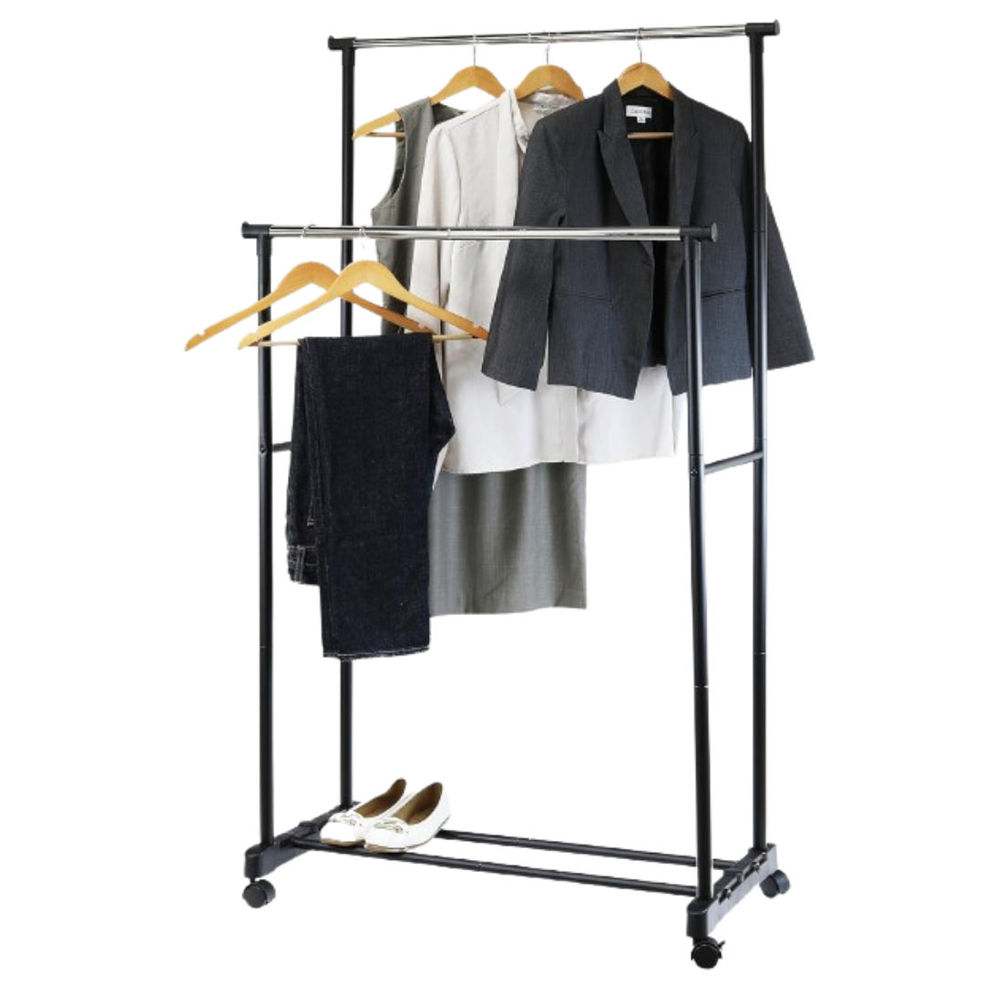 Suport Mobil Dublu Pentru Umerase SUPER TRENDS®, Tip Stander Haine si Incaltaminte, Inaltime Ajustabila, Negru