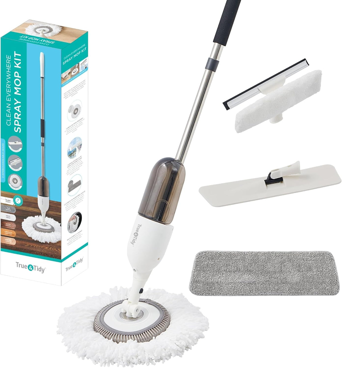 Set 3 in 1 Mop Spray Profesional cu Pulverizator SUPER TRENDS®, Laveta Microfibra, Rezerva Rotunda, Stergator cu Racleta Geamuri, Maner Extensibil, Rezervor 450 ml, Alb