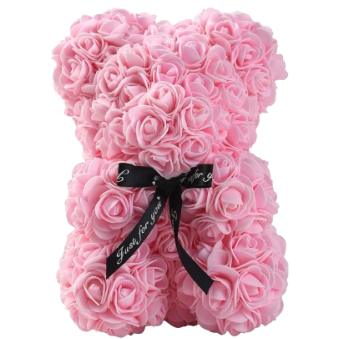 Ursulet din Trandafiri de Spuma Premium SUPER TRENDS®, 25 Cm, Extra Flori, Urs Lucrat Manual, Cutie Cadou Inclusa, Roz