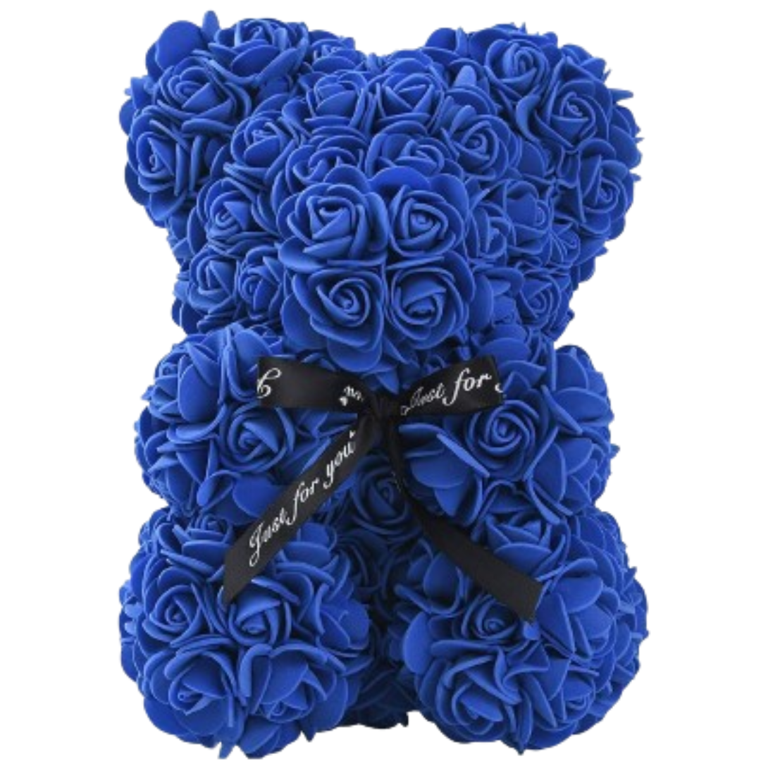 Ursulet din Trandafiri de Spuma Premium SUPER TRENDS®, 25 Cm, Extra Flori, Urs Lucrat Manual, Cutie Cadou Inclusa, Albastru Inchis