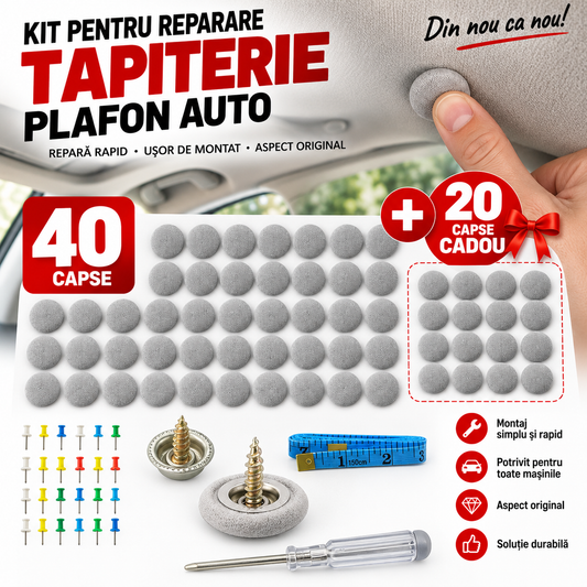 Kit Pentru Reparare Tapiterie Plafon Auto Profesional SUPER TRENDS®, 40 Capse + 20 GRATUIT Capse Gri