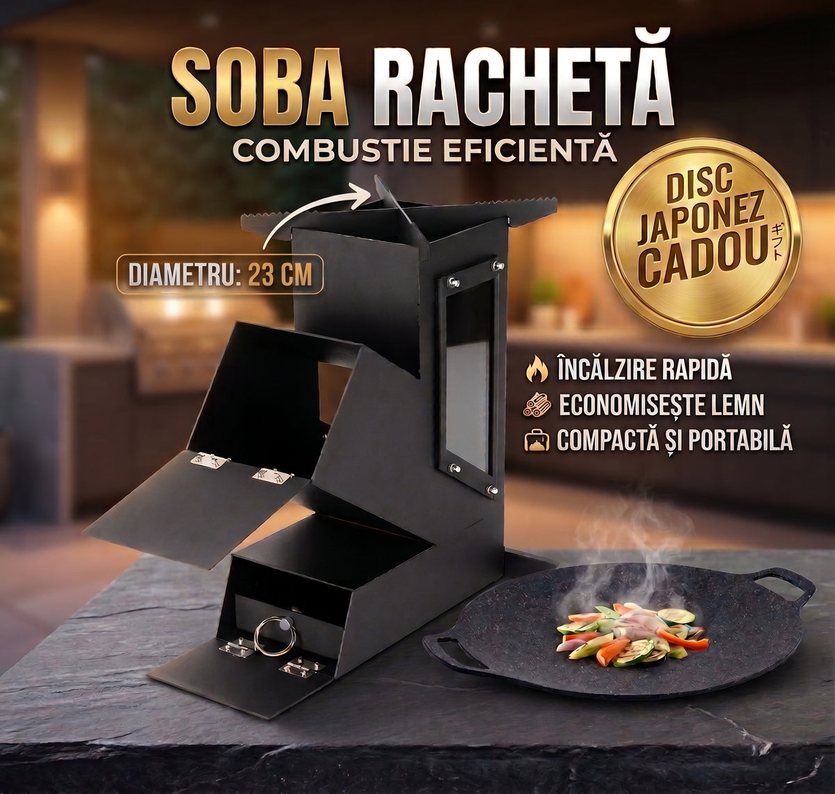 Sobă Rachetă Pe Lemne Pentru Ardere Eficientă + Disc Japonez CADOU