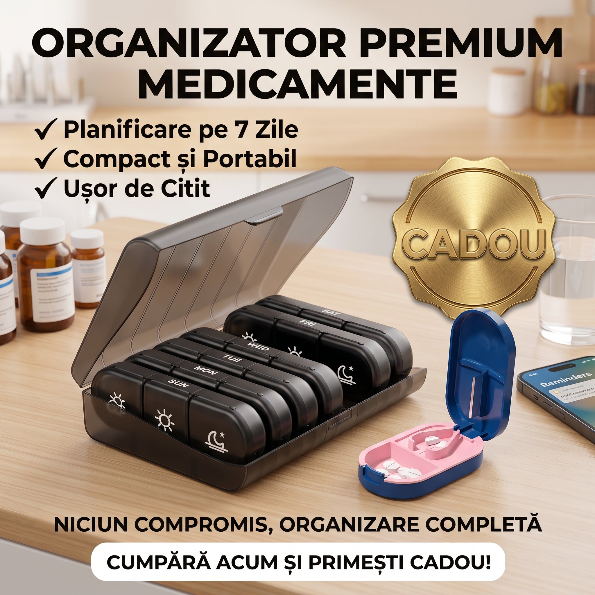 Organizator Medicamente 7 Zile / 3 Ori pe Zi + CADOU Taietor Pastile