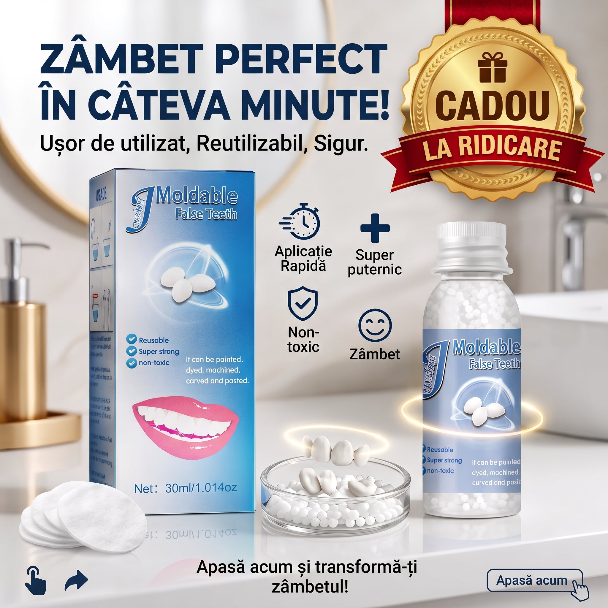 Kit de Reparare Temporara a Dintilor Profesional SUPER TRENDS®, Granule Pentru Reparatii Dentare, Bilute Reutilizabile, Non Toxic, 30 ml