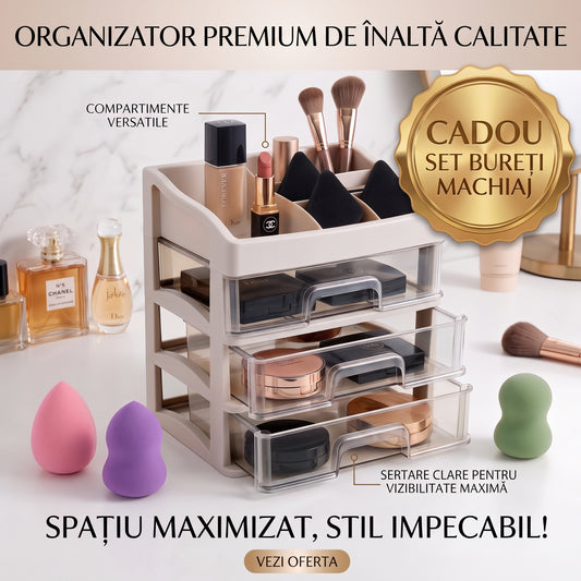 Organizator de Produse Cosmetice cu Sertare + CADOU SET BUREȚI MACHIAJ