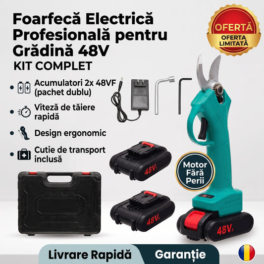Foarfeca Electrica pentru Gradinarit Profesionala, 2 Acumulatori 48V, cu Lama din Otel Carbon