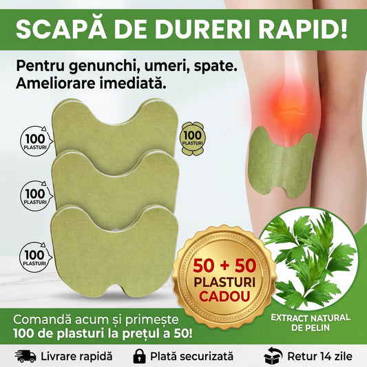 Set 50 + 50 GRATIS Plasturi cu Pelin Pentru Ameliorarea Durerilor de Genunchi, Ceafa, Spate
