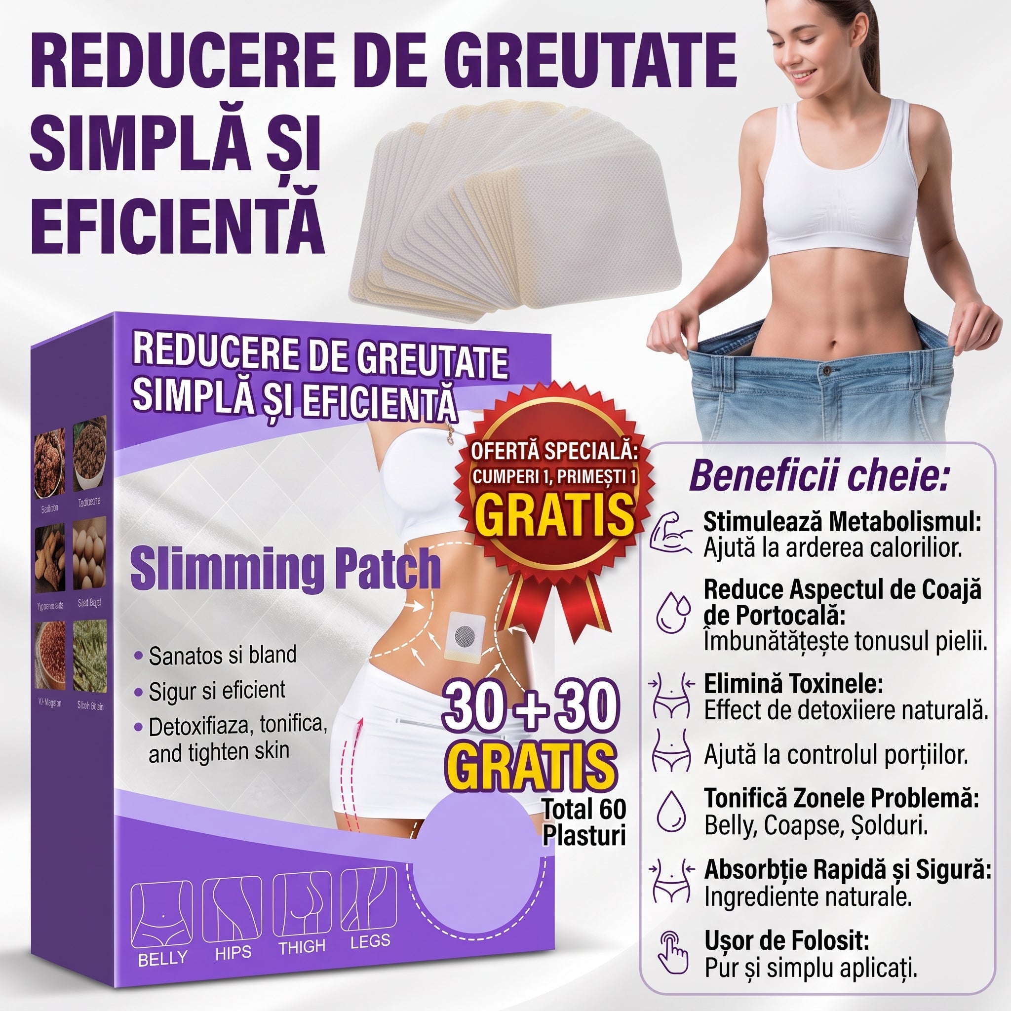 Set 30 + 30 GRATIS Plasturi Pentru Slabit, Ingrediente 100% Naturale, Tonifiere, Scădere Apetit
