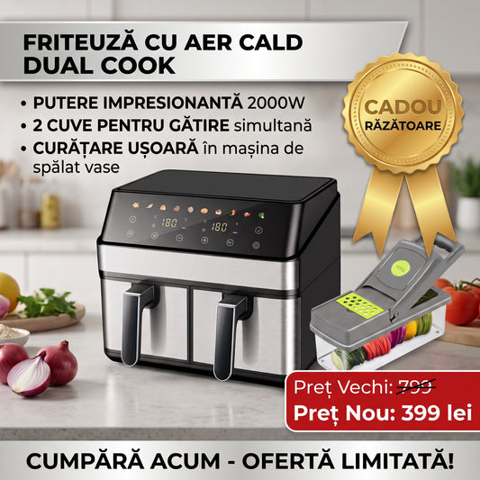 Friteuza Dubla Airfryer Fara Ulei, Capacitate 9L, Putere 2000 W, Tehnologie Smart Chef cu 8 Programe Prestabilite + CADOU RĂZĂTOARE