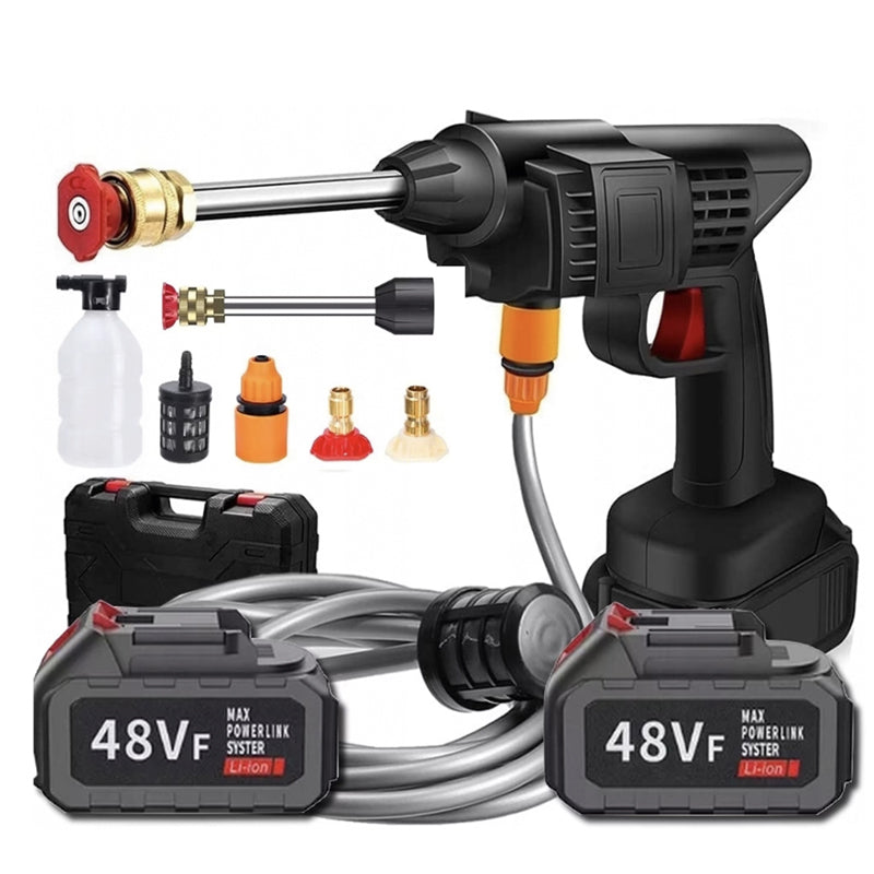 Aparat de Spalat cu Presiune, Fara Fir, Tip Pistol SUPER TRENDS®, Profesional, 2 Acumulatori 48VF, Autonomie 3 Ore, Pistol cu 3 Moduri, 30 Bari, Filtru si Duze Incluse, Recipient Spuma, Negru