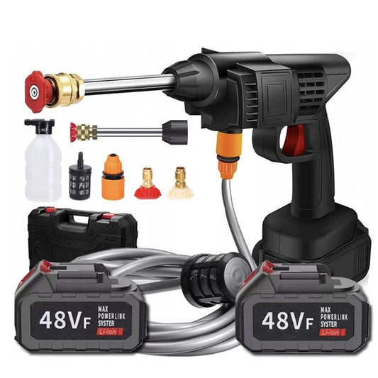 Aparat de Spalat cu Presiune, Fara Fir, Tip Pistol SUPER TRENDS®, Profesional, 2 Acumulatori 48VF, Autonomie 3 Ore, Pistol cu 3 Moduri, 30 Bari, Filtru si Duze Incluse, Recipient Spuma, Negru