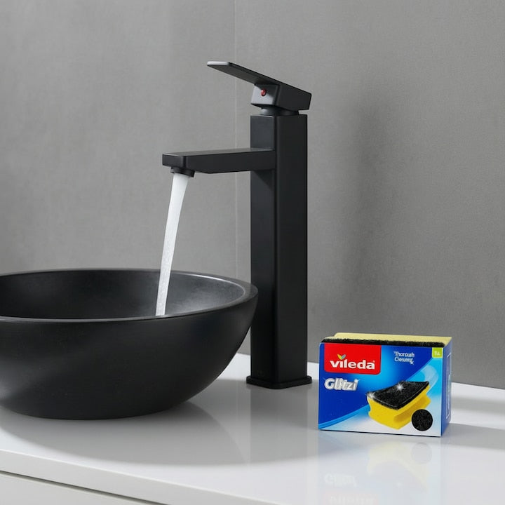 Baterie Chiuveta Baie Premium Class Din Otel Inoxidabil, Cadou Burete Vileda Glitzi, Baterie Chiuveta Baie Cu Cartus Ceramic Si Finisaj Negru Mat Rezistent, Racorduri Incluse, Design Monocomanda Pentr