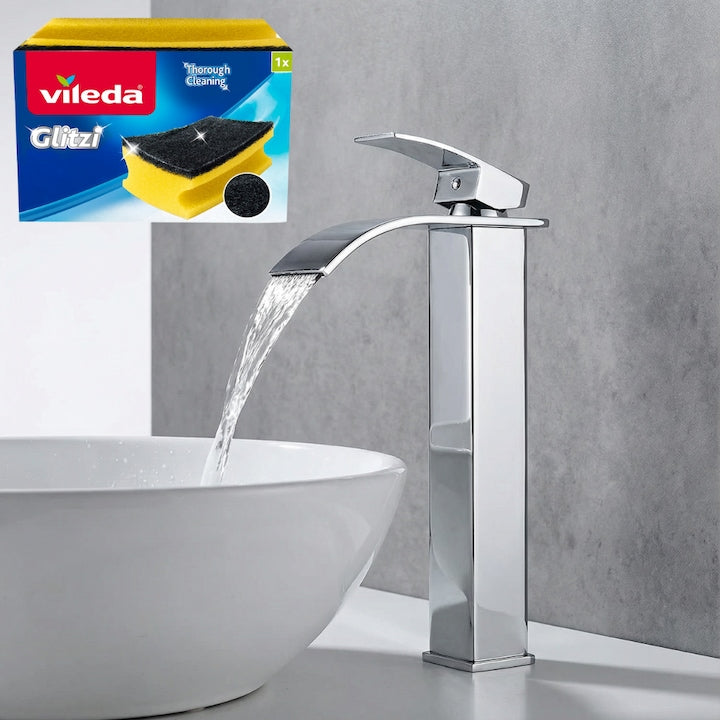 Baterie Chiuveta Baie SUPER TRENDS monocomanda tip cascada, otel inoxidabil, argintie, 30cm, racorduri incluse, burete Vileda Glitzi cadou