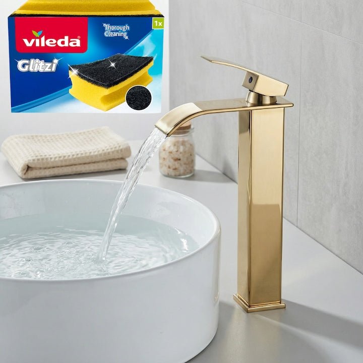 Baterie Chiuveta Baie Tip Cascada Monocomanda, Baterie Cascada Design Minimalist, Otel Inoxidabil Rezistent La Rugina, Baterie Chiuveta Baie Cu Racorduri Incluse, Burete Vileda Glitzi Inclus, Finisaj - SPTR.RO
