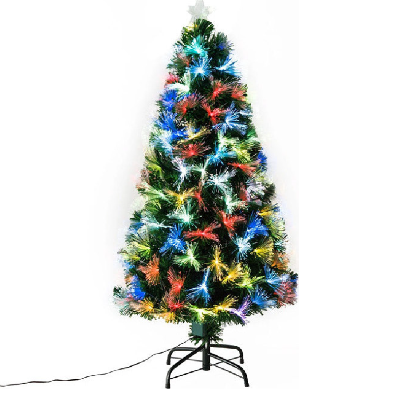 Brad Artificial Fibra Optica de Craciun SUPER TENDS®, cu 185 LED-uri Multicolore, Suport Metalic Inclus, Verde, 180 cm
