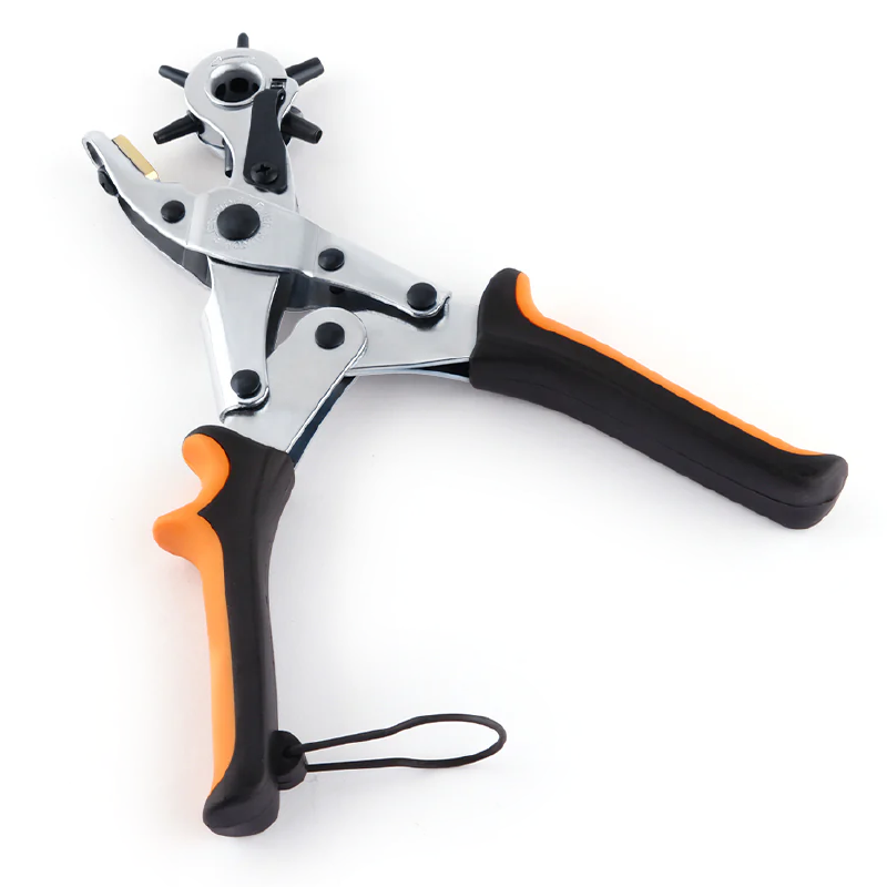 Cleste de Perforat Pielea Pivotant Profesional SUPER TRENDS® cu 6 Capete Pentru Gaurit de 2, 2, 5, 3, 3, 5, 4, 4, 5 mm, Catarama de Fixare Pentru Manere, Portocaliu-Negru