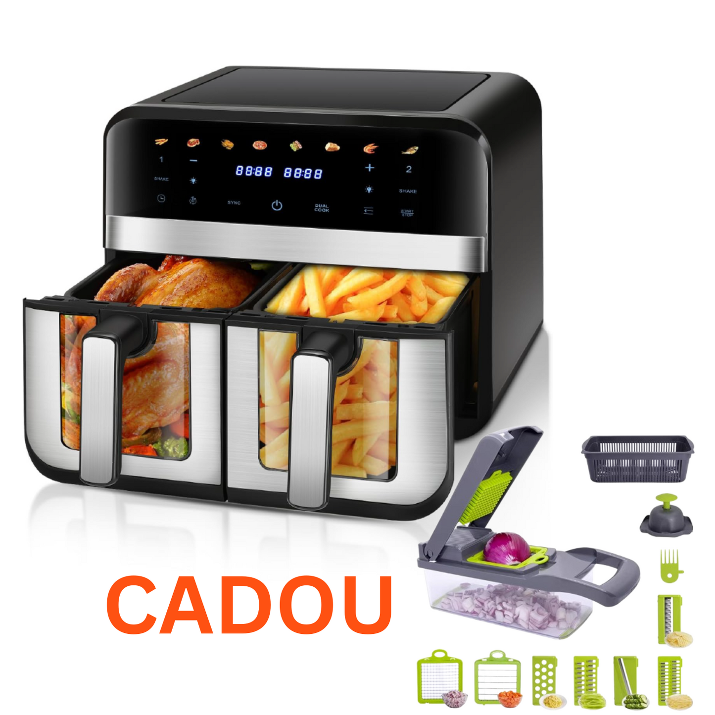 Friteuza Dubla Airfryer Fara Ulei Premium SUPER TRENDS®, Capacitate 9L, Putere 2000 W, Tehnologie Smart Chef cu 8 Programe Prestabilite, Cuve cu Fereastra, Temperatura Maxima 200˚C, Pastrare la Cald,