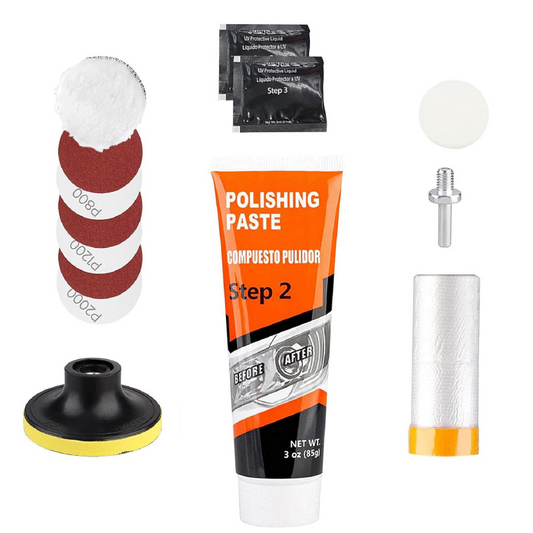 Kit Complet Restaurare Faruri Masina Profesional SUPER TRENDS®, cu Bureti, Pasta Lustruire, Hartie Abraziva si Lichid Protectie, Compatibil Bormasina, 2 Faruri