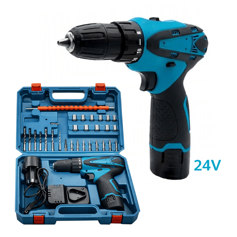 Masina de Gaurit si Insurubat SUPER TRENDS®, 2 Acumulatori Li-Ion 24 V, Set 34 Accesorii, Valiza Transport, Mandrina Automata, Albastru, Negru - SPTR.RO