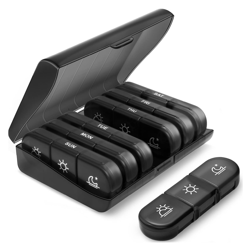 Organizator de Medicamente Saptamanal SUPER TRENDS®, 3 Ori pe Zi, 7 Zile,  Cutie Portabila pentru Pastile, Vitamine, Suplimente, Compartimente Mari, Negru