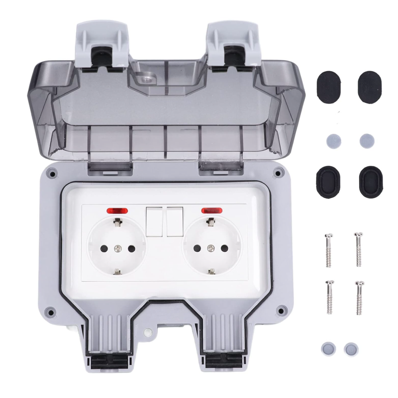 Priza Dubla de Exterior Profesionala SUPER TRENDS®, cu Intrerupatoare Individuale, Capac Rabatabil si Conector Cablu, IP66, Rezistenta la Apa si Praf, Pentru Bucatarie, Baie, Garaj, Gradina, Piscina,