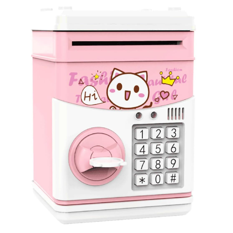 Pusculita Electronica Pentru Copii Premium SUPER TRENDS® cu Design Pisica, Pentru Monede si Bancnote, cu Cheie, 5 Moduri de Sunete Muzicale, Cantece si Povesti, Roz, 3 ani+