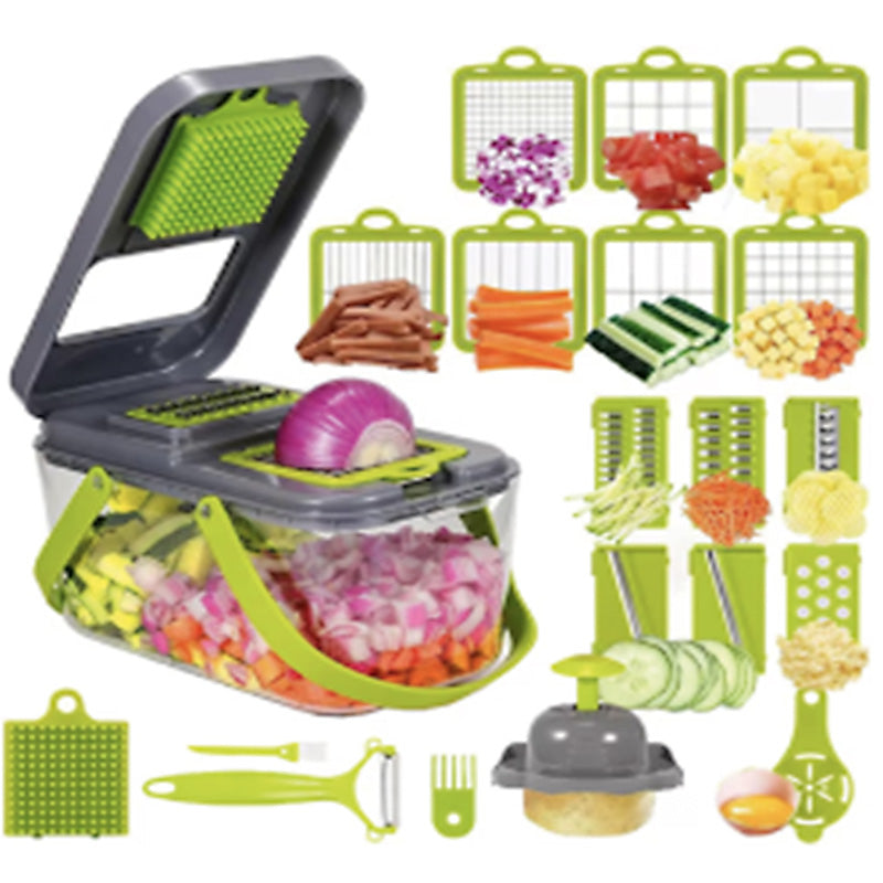 Razatoare Multifunctionala Pentru Fructe si Legume cu 22 de Piese, SUPER TRENDS®, Premium, Lame din Otel Inoxidabil, Maner de Protectie, Culoare Verde-Gri