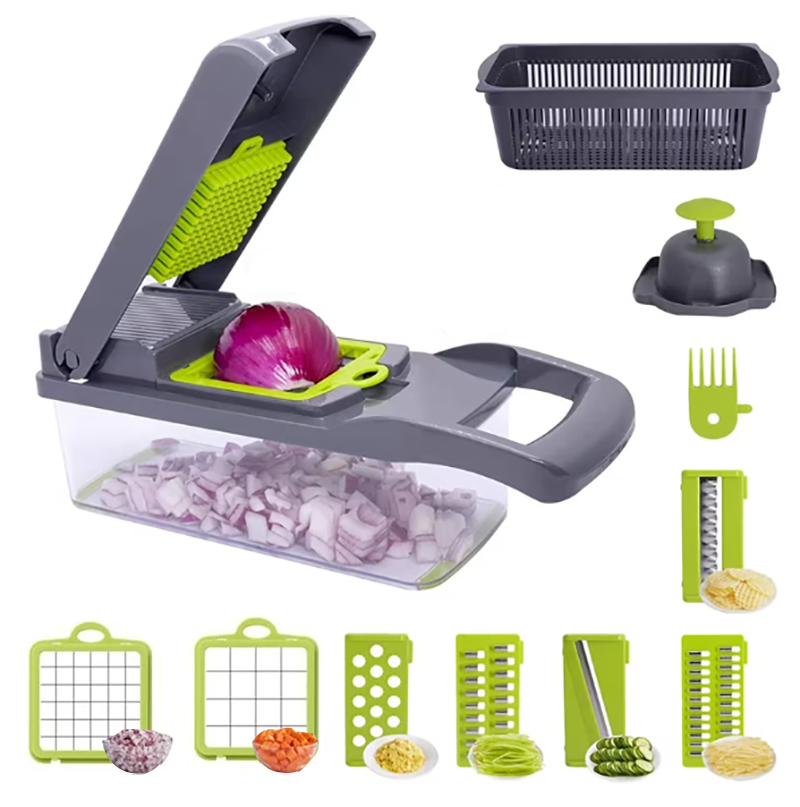 Razatoare Multifunctionala Premium 14 in 1 Pentru Legume si Fructe SUPER TRENDS®, Veggie Slicer, Accesorii Interschimbabile, Maner Protectie, Feliere, Radere, Taietor, Maruntitor, Gri/Verde