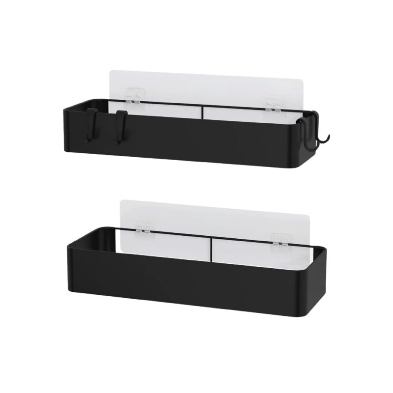 Set 2 Rafturi Pentru Baie si Dus cu Adeziv Premium SUPER TRENDS®, Organizator Baie, Montaj Fara Gaurire, Otel Inoxidabil Antirugina, Negru