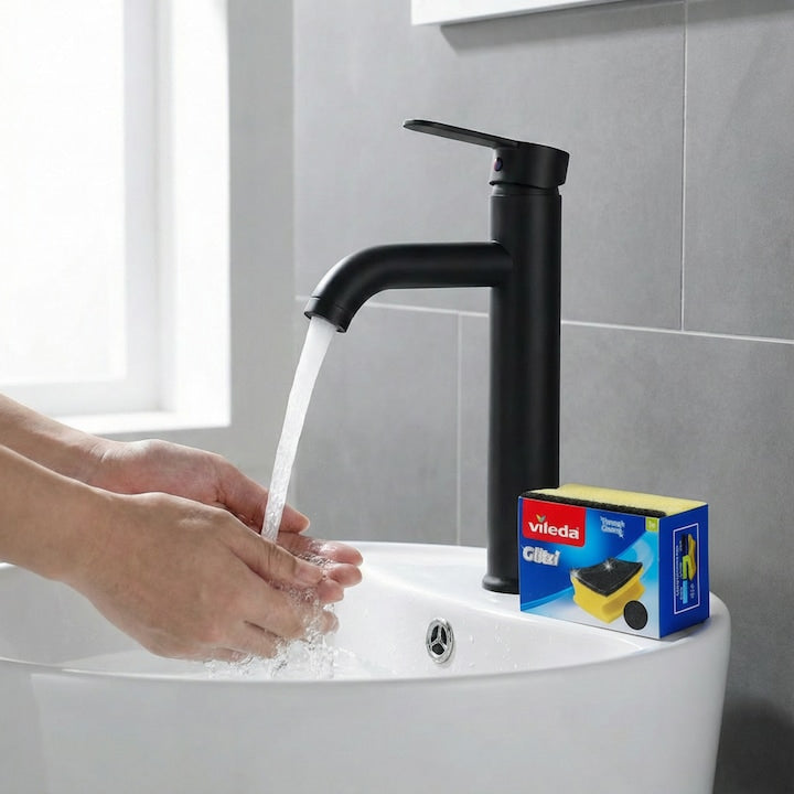 Set Baterie Chiuveta Baie Inalta Rotunda 30 Cm Negru Cu Finisaje Premium Si Racorduri Incluse + Burete Vileda Glitzi Pentru Curatare Eficienta, Set Accesorii Baie Design Modern
