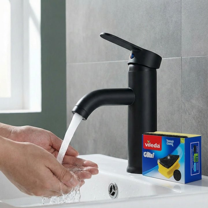 Set Baterie Chiuveta Baie Rotunda 17 Cm Negru Cu Finisaje Premium Si Racorduri Incluse + Burete Vileda Glitzi Pentru Curatare Eficienta, Set Accesorii Baie Si Curatenie, Design Modern, Utilizare Zilni - SPTR.RO