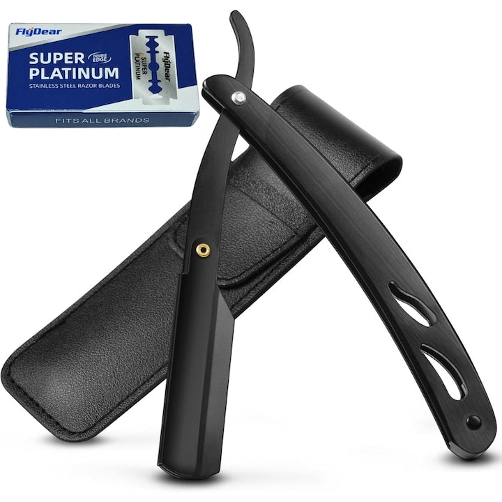 Set Brici Profesional Super Trends® Din Otel Inoxidabil Cu 10 Lame De Ras Si Husa Din Piele, Brici Clasic Pentru Barbierit, Brici Cu Lama InterSchimbabila Pentru Contur Barba, Set Brici Barbierit Port