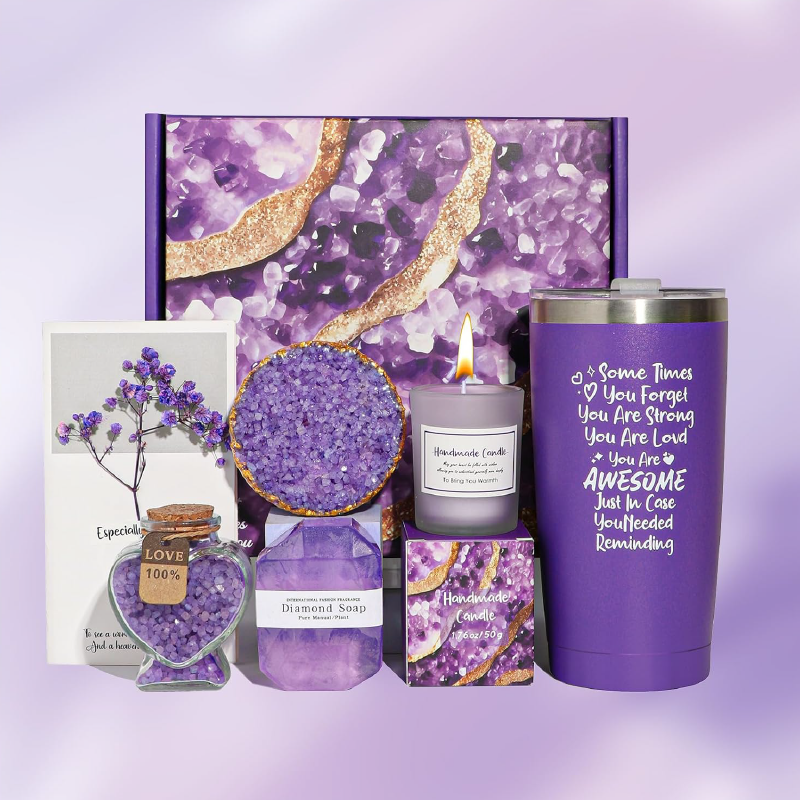 Set Cadou SPA Pentru Femei SUPER TRENDS®, 6 Piese, Cutie cadou, Cana Termos Din Inox, Lumanare Parfumata, Sare de Baie, Sapun, Bila Efervescenta Baie, Felicitare, Mov